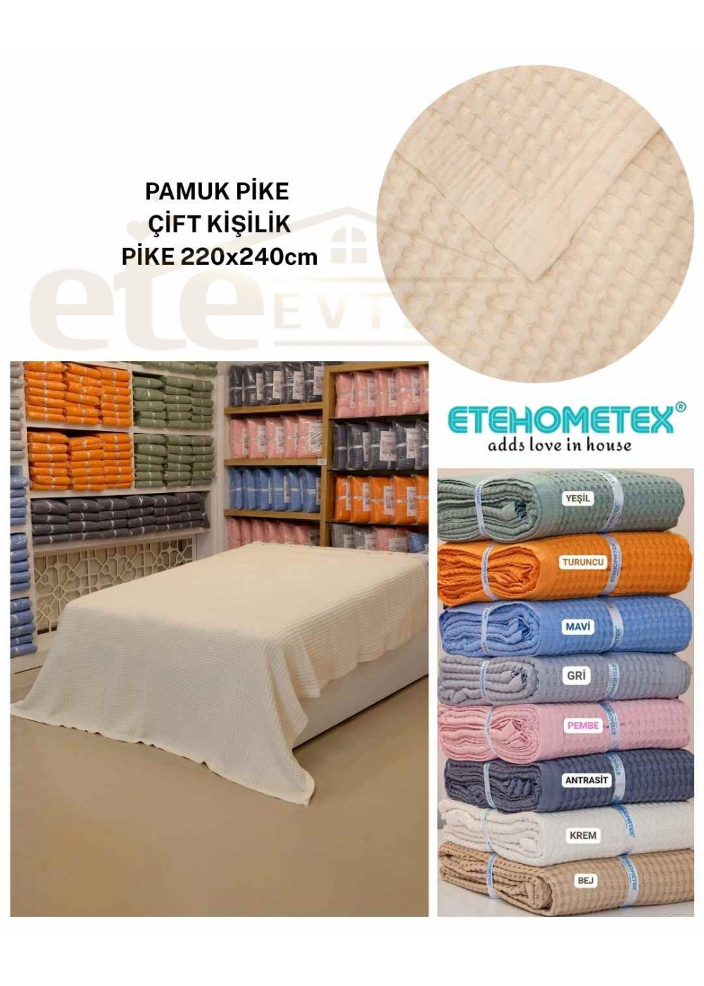 ETEHOMETEX HAVUZLU PİKE ÇİFT KİŞİLİK 220X240CM KREM 8696474231654